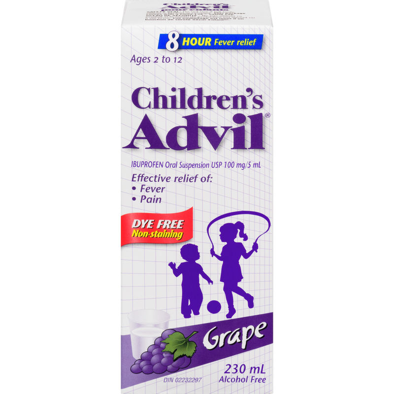 Children's Advil Fever and Pain Relief Ibuprofen Oral Suspension, Dye Free, Grape, 230 mL