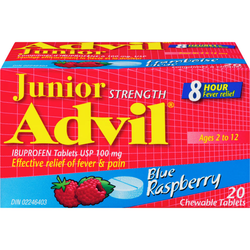 Junior Strength Advil Pain Reliever and Fever Reducer Ibuprofen Chewable Tablets, Blue Raspberry, 20 Count