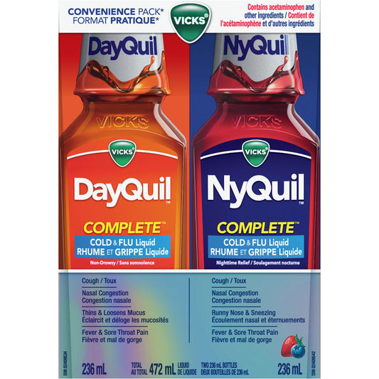 DayQuil and NyQuil COMPLETE Cold and Flu Symptom and Congestion Relief, Liquid Medicine. Relieves Headache, Fever, Sore Throat Pain, Minor Aches, Nasal Congestion, Stuffy Nose, Cough, Convenience Pack, 2 x 236 mL Bottles, 1 NyQuil Berry Flavor, 1 DayQuil