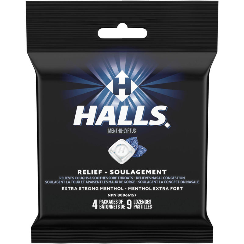 Halls Relief Mentho-lyptus Extra Strong Menthol, 4 x 9 Cough Drops Multipack