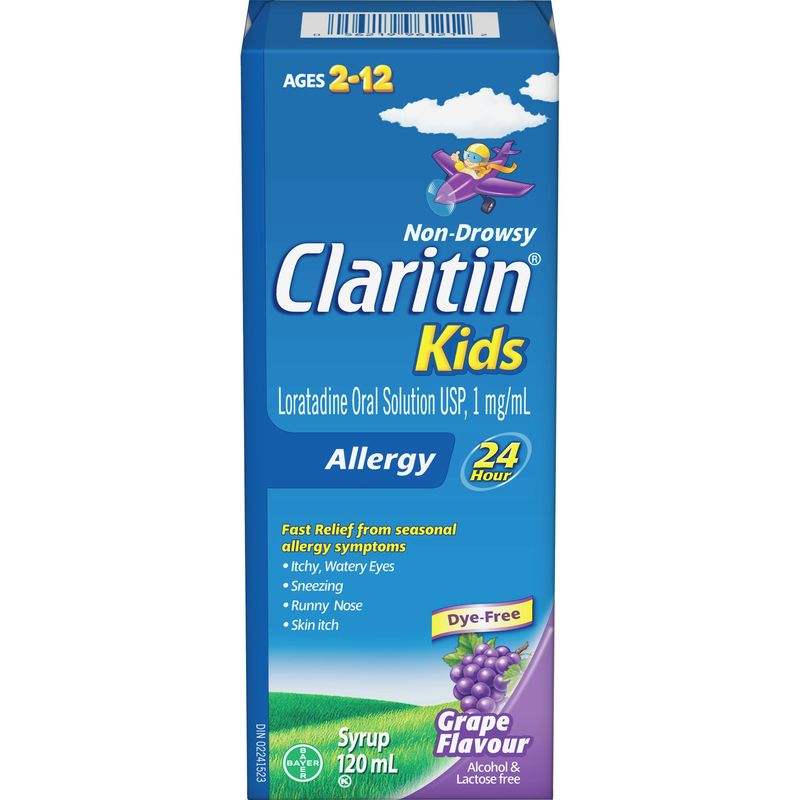 Claritin Kids, Allergy Medicine, 24-Hour Non-Drowsy Relief Syrup, Grape Flavour, 120 mL