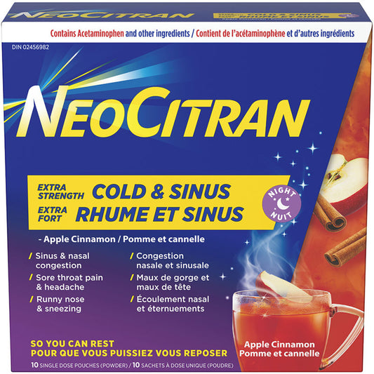 Neocitran Extra Strength Cold & Sinus Apple Cinnamon flavour hot liquid 10 pack