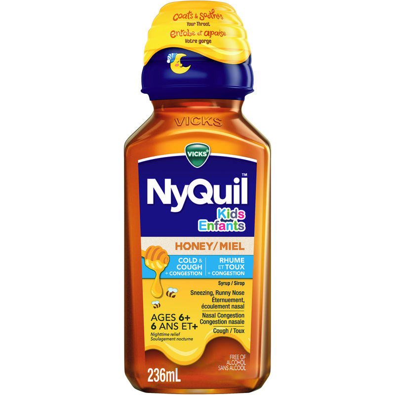 Kids NyQuil Honey Cold & Cough + Congestion Relief for Nighttime Sneezing, Runny Nose, Nasal Congestion & Cough, Flavored with Real Honey, For Children Ages 6+