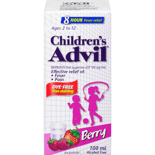 Children's Advil Fever and Pain Relief Ibuprofen Oral Suspension, Dye Free, Berry, 100 mL