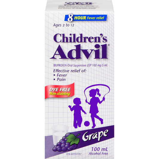 Children's Advil Fever and Pain Relief Ibuprofen Oral Suspension, Dye Free, Grape, 100 mL