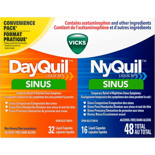 DayQuil Sinus Liquid Capsules + Vicks NyQuil Sinus Liquid Capsules, Total 48 Count