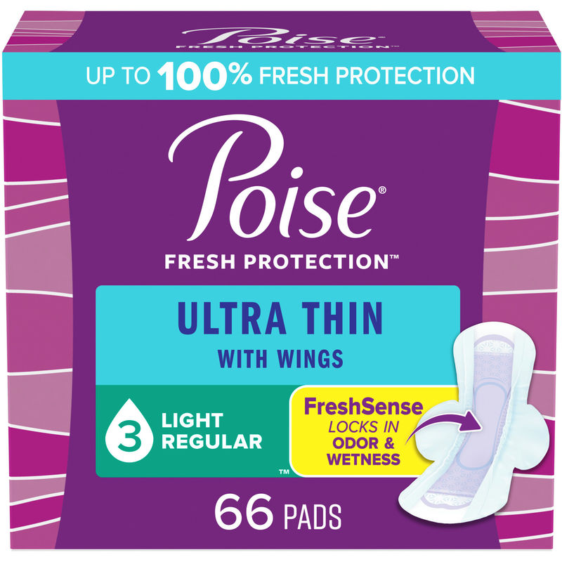 Poise Ultra Thin Postpartum Incontinence Pads with Wings, Light Absorbency, Regular Length, 66 Count