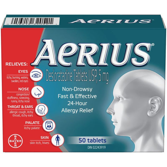 Aerius Allergy Medicine, Fast Relief, 24-Hour, Non-Drowsy, 15 Symptoms, 50 Tablets