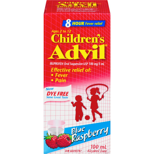 Children's Advil Fever and Pain Relief Ibuprofen Oral Suspension, Dye Free, Blue Raspberry, 100 mL